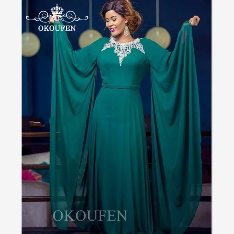 

Arabic Dubai Kaftan Women Evening Dress With Long Sleeves 2019 White Appliques Beads Dark Green Chiffon Prom Dresses Party Gown