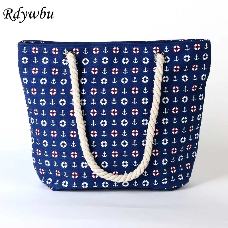Rdywbu 2017 الصيف مرساة المطبوعة قماش حقيبة يد المرأة عارضة كبيرة حبل حمل السفر حقيبة الفاخرة المصممين عطلة حقيبة شاطئية B133