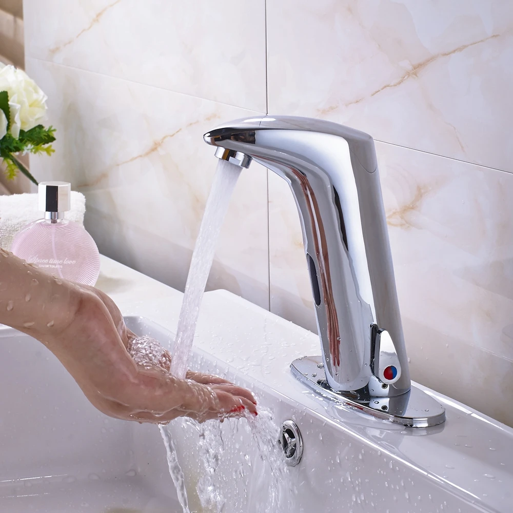 

Wholesale And Retail Promotion Bathroom Sensor Faucet Mixer Tap Deck Mount Hot And Cold Water W/ Round Plate