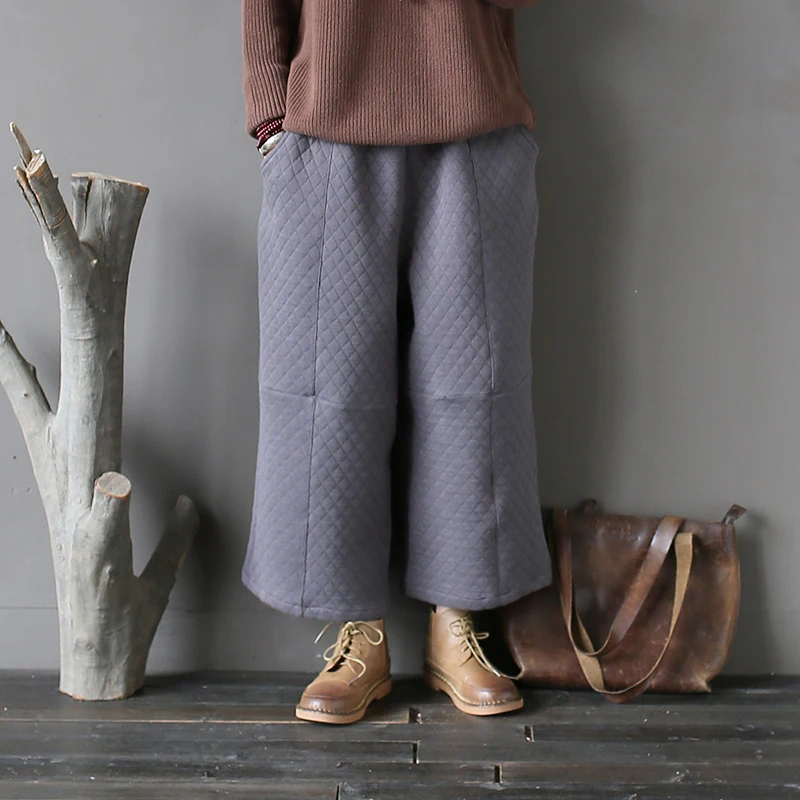 Women Retro Vintage Warm Loose Padded Pants Ladies Wide Leg Trousers Female Solid Color Elastic