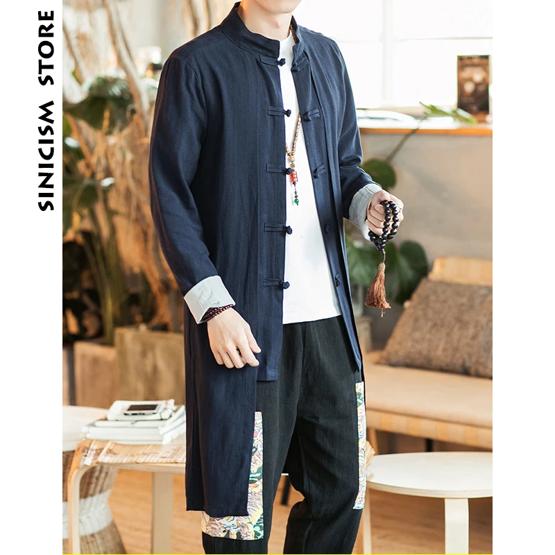 Sinicism Store Мужской плащ, мужское однотонное длинное пальто, верхняя одежда для мужчин, китайский стиль, хлопок, Повседневный, имитация двух частей, ветровка