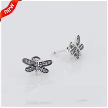 Стрекоза серьги гвоздики с прозрачным кубическим цирконием 925 пробы серебряные ювелирные изделия