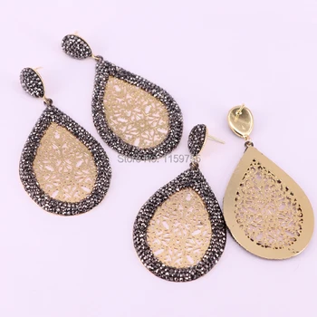 

3Pair gold metal pave black rhinestone crystal copper hollow drop dangle earring