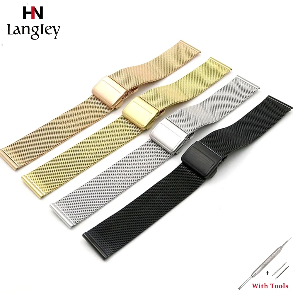 

High Quality Stainless Steel Gold Mesh Watchband For Men Women Wristwatch Straps 12-24mm Watches Accessories Ultrathin Bands