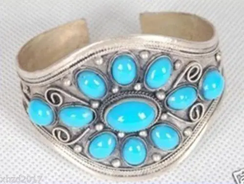 

Rare Fancy Tibet Silver Turquoise Cuff Bracelet bangle 28%