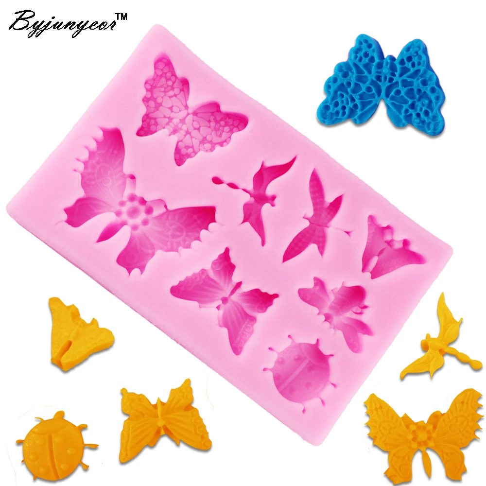 

Byjunyeor F1072 Dragonfly, butterfly Ladybug Silicone Mold Fondant Mould Silicone Mat Cake Decorating Tools Cake Bakeware