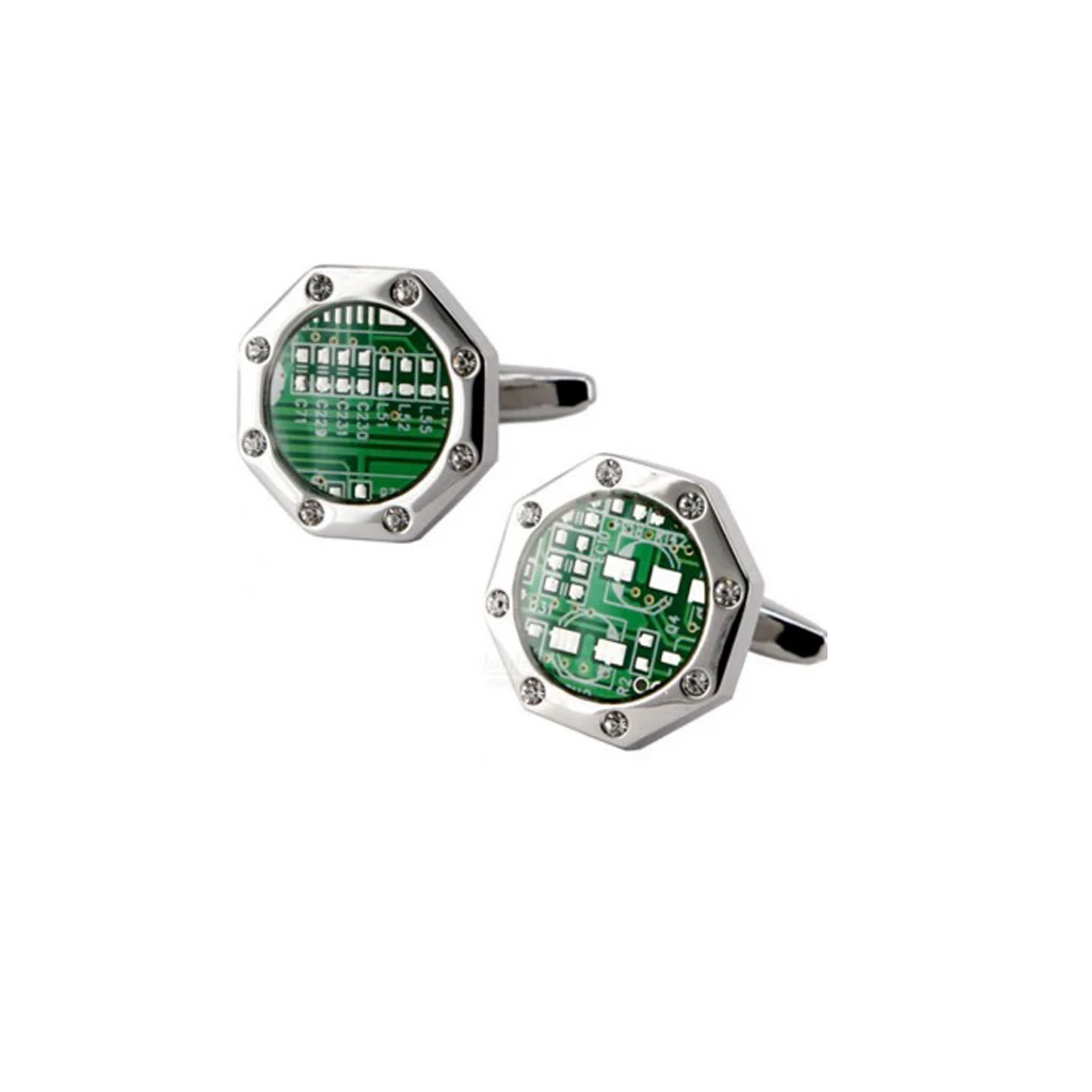 Novelty Men`s Brass Green PCB Cuff Links Round Circuit Board Design Cufflinks 16mm 18mm 20mm