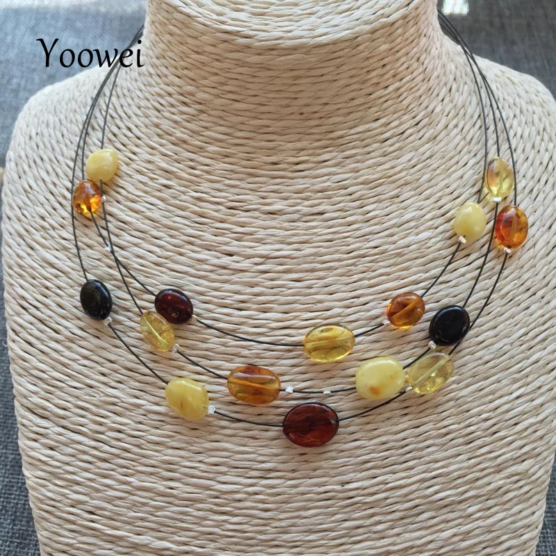 

Yoowei Women Amber Necklace Baltic Oval Shape Genuine Stone 3 Layers Amber Beads Jewelry for Mom/Mama Gift Best Gems Wholesale