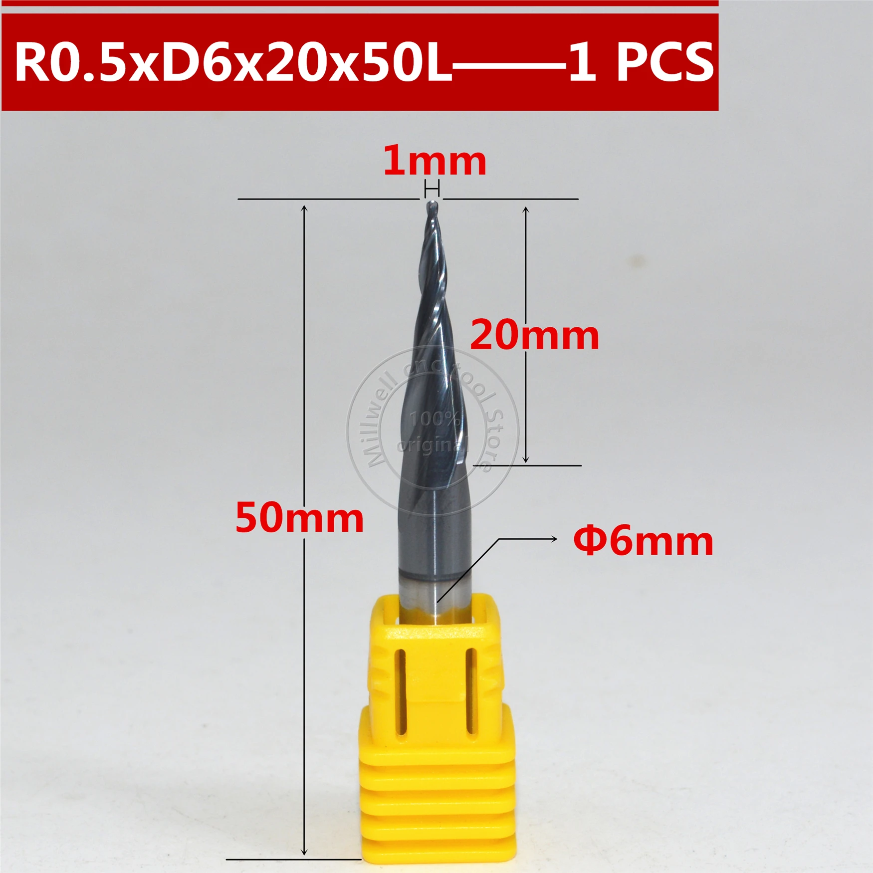 Бесплатная shipping-1PCS R0.5 * D6 20 50L 2F HRC55 твердосплавные конические концевые фрезы с