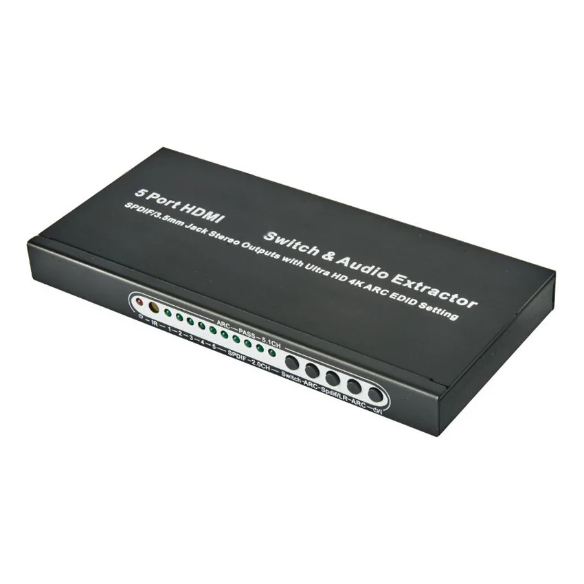 

HDMI Switch 5x1 HDMI Audio Extractor 4Kx2K 3D ARC Audio EDID setting 5.1CH ADV 2CH 5 in 1 out with power adapter
