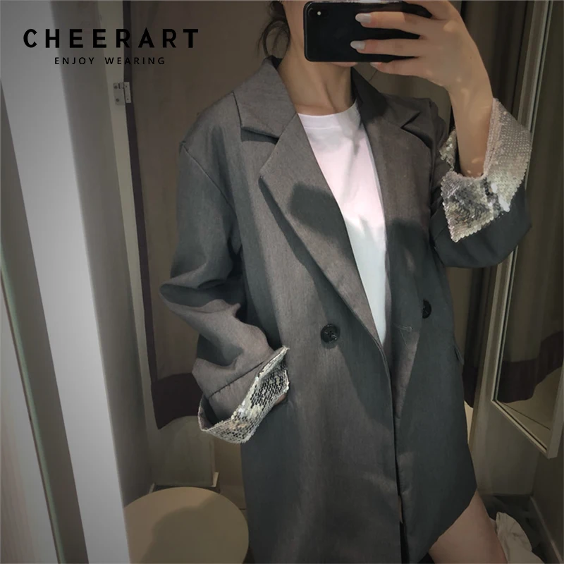 Cheerart блесток повседневное блейзер для женщин пальто с лацканами серый Пиджаки для и куртки свободный костюм Femme 2019