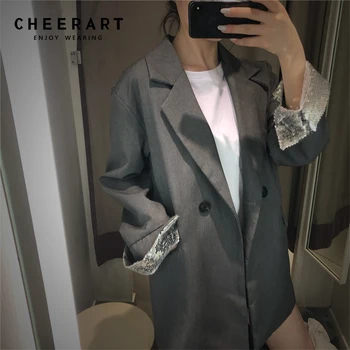 

Cheerart Sequin Casual Blazer Women Lapel Coat Grey Blazers And Jackets Loose Suit Blazer Femme 2019