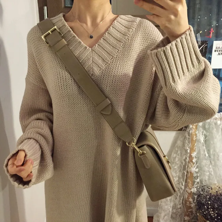 Neploe Новое поступление свитер средней длины корейский вязаный пуловер с v-образным вырезом и длинными рукавами ретро Harajuku женский свитер платье 53512
