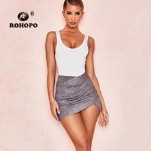 ROHOPO Женская юбка, блестящие драпированные юбки до колена, асимметричная Офисная Женская модная мини-юбка с металлическим блеском