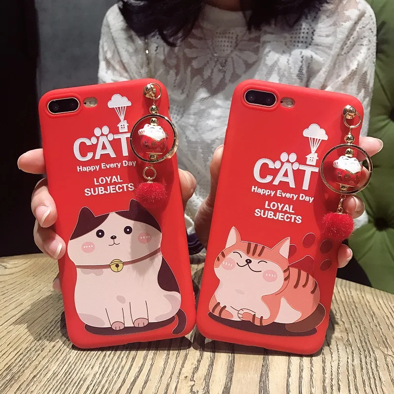 Cute cartoon kitten with red mobile phone case ornaments TPU Case for iphone8 7 6 6S PLUS X 5 SE |