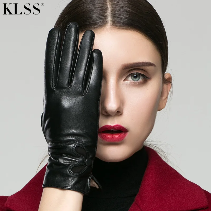 KLSS Brand Genuine Leather Black Women Gloves Autumn Winter Plus Velvet Fashion Elegant High Quality Goatskin Glove 715