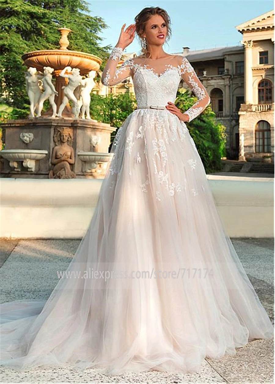 Шикарный Тюль Bateau Neck A Line свадебное платье с кружевными аппликациями