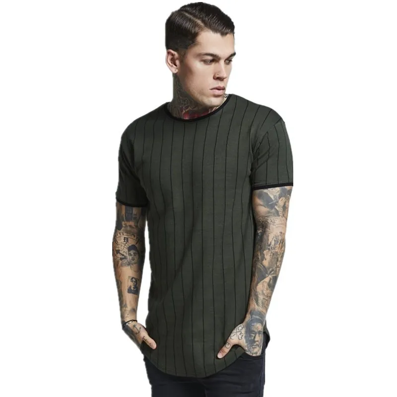EBAIHUI European and American Men's Stripe Tshirt Summer Stitching Man Black Tshirt Slim Fit Army Green Cotton Tee for Man PT14