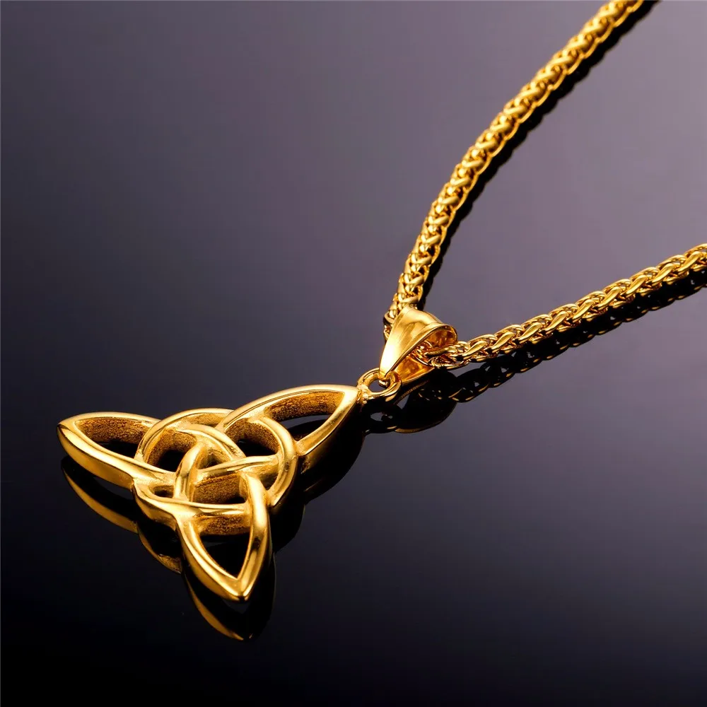 U7 Viking Jewelry Celtic Knots Necklaces & Pendants Triquetra Gold Color Stainless Steel Men Chain Gift Irish Knot Charm P722
