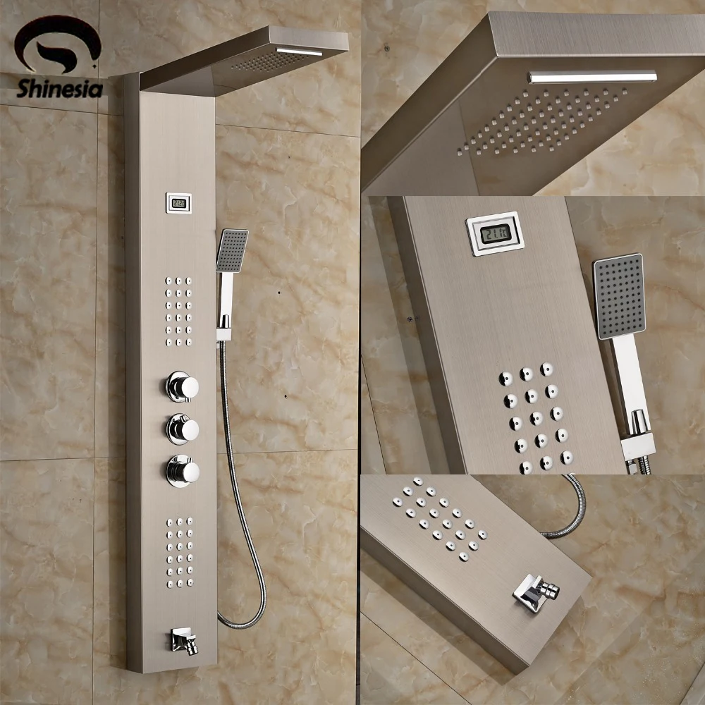 

Nickel Brushed Thermostatic Shower Faucet Stainless Steel Waterfall Shower Head Shower Panel with Hand Shower Wall Mount