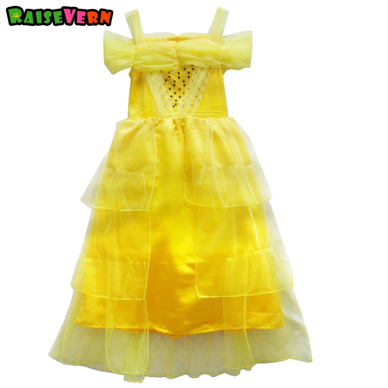 

2017 Summer Girls Clothes Beauty And Beast Princess Gauze Cartoon Yellow Dress Party Cosplay Sleeveless Costume
