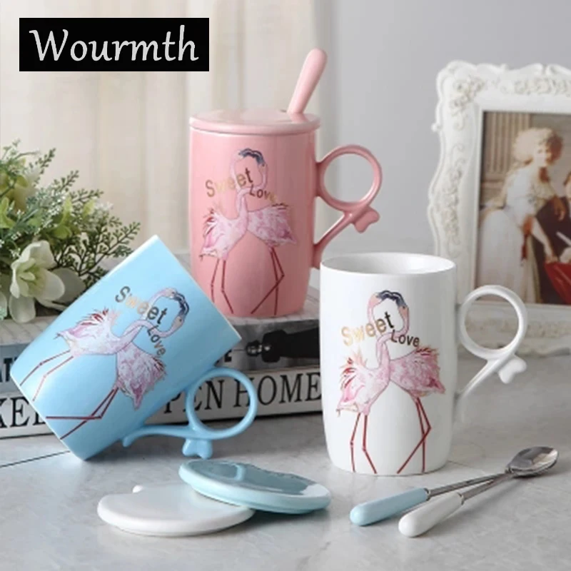 

Wourmth Nordic Flamingo Pattern Porcelain Coffee Mug with lid spoon 420ml Ceramic Tea Milk Cup Creative Wedding Anniversary Gift