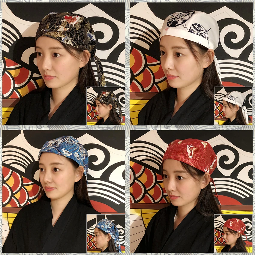 

14Color Restaurant Cook Chef Cap Print Sushi Japanese Style Work Wear Uniform Food Service Adjustable Size Pirate Hat