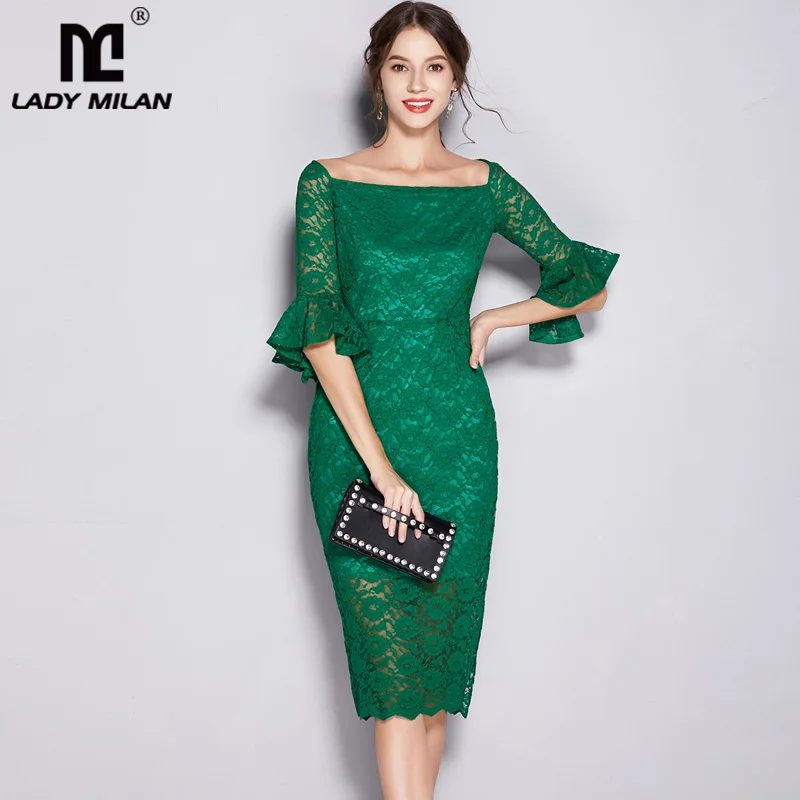

Lady Milan Women's Slash Neckline Ruffles Embroidery Lace Sequined Fashion Designer Runway Dresses