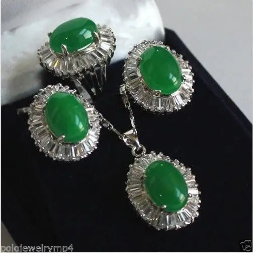 

Natural green natural green buddha jadeite Inlay Zircon pendant necklace Silver Plated earring Ring Sets