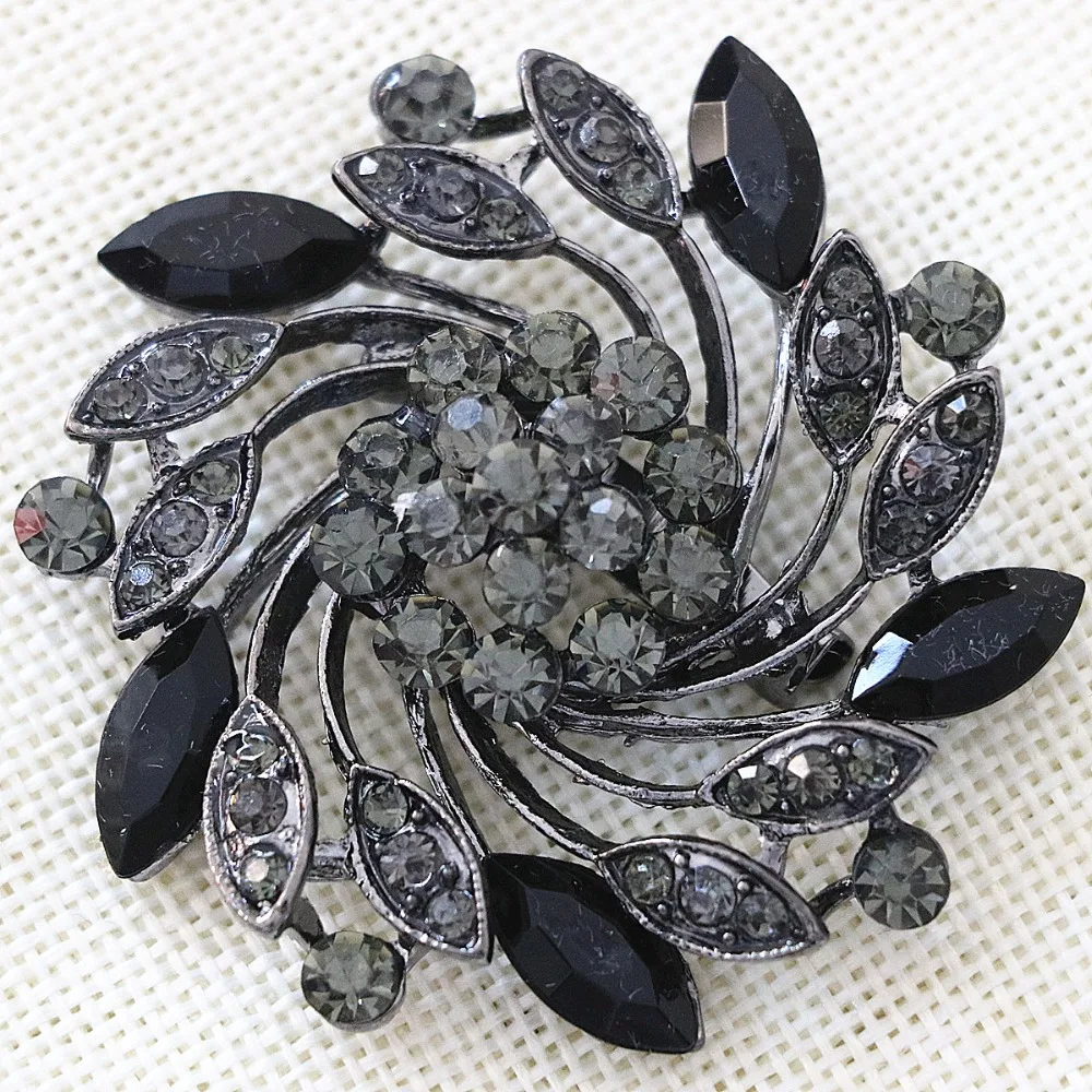 Elegant flower brooch top quality black rhinestone crystal fashion women pins jewelry B1246
