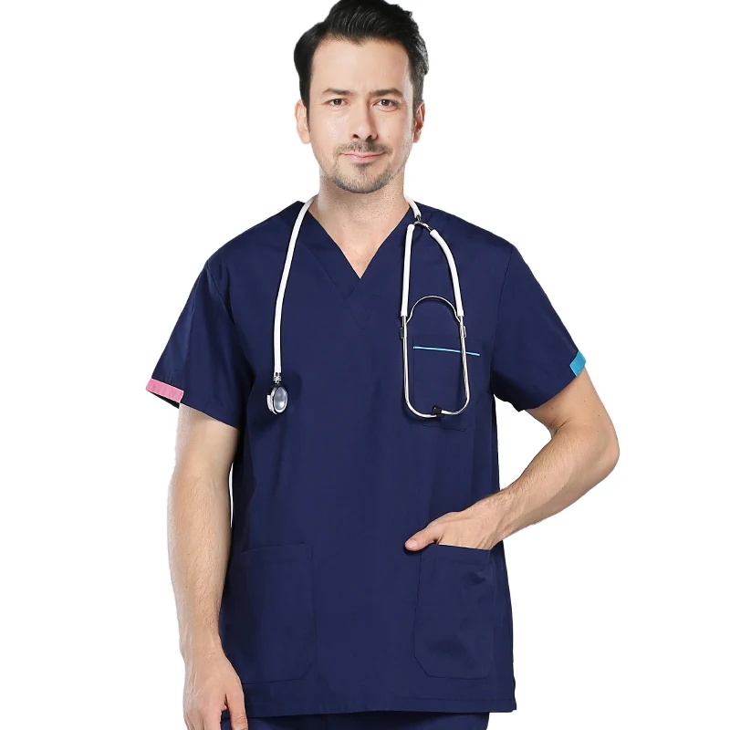 

Hospital doctor purple nursing scubs pants set cotton polyester summer short sleeve beauty and health uniforme medico hombre