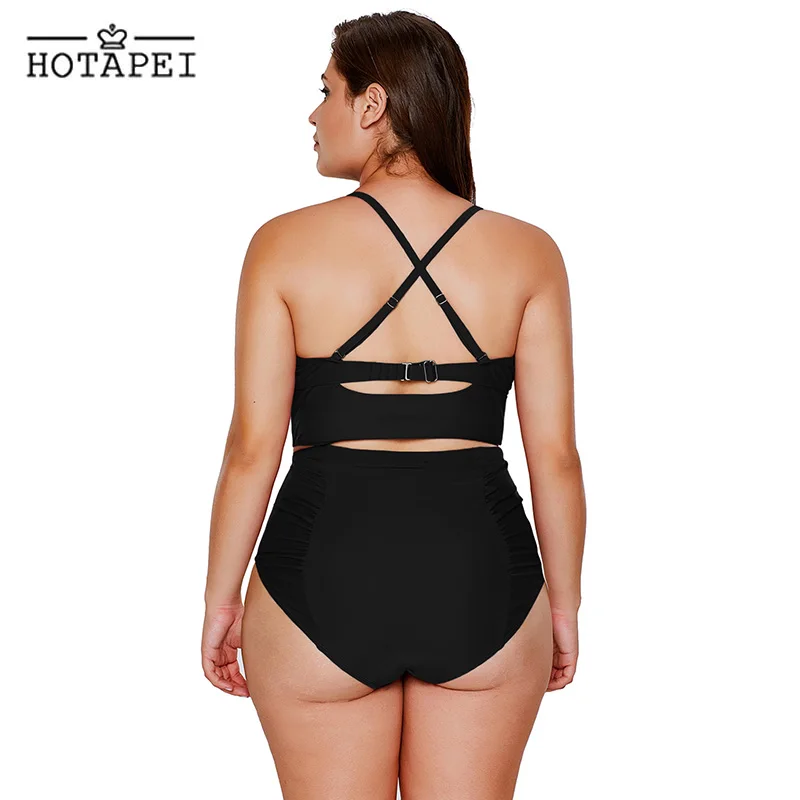 Hotapei новый плюс Размеры Купальники Черный Strappy Шея деталь Высокая талия Купальник
