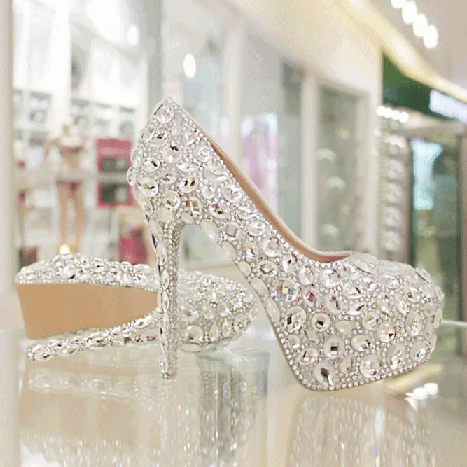 Crystal Wedding Shoe Large Size Super High Heel Round Toe slip-on Women Pumps with Platform for Party Banquet Bridesmaid bridal