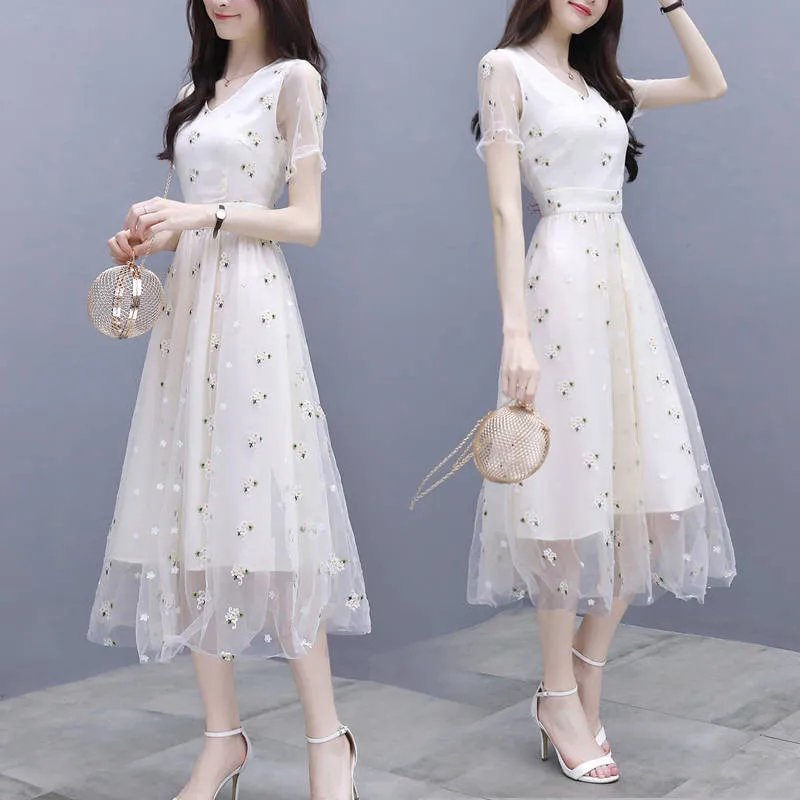 Женское белое элегантное вечернее платье модное летнее роскошное кружевное Сетчатое платье женское весеннее повседневное приталенное платье с вышивкой