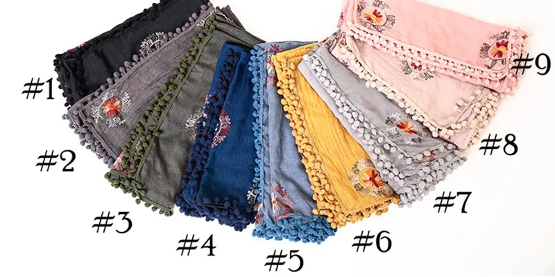 9 цветов, элегантный дизайн, шаль с помпоном, женские шарфы с вышивкой и шали, модная вышивка, цветок, глушитель, мягкий хиджаб fourlard - Цвет: select wanted colors