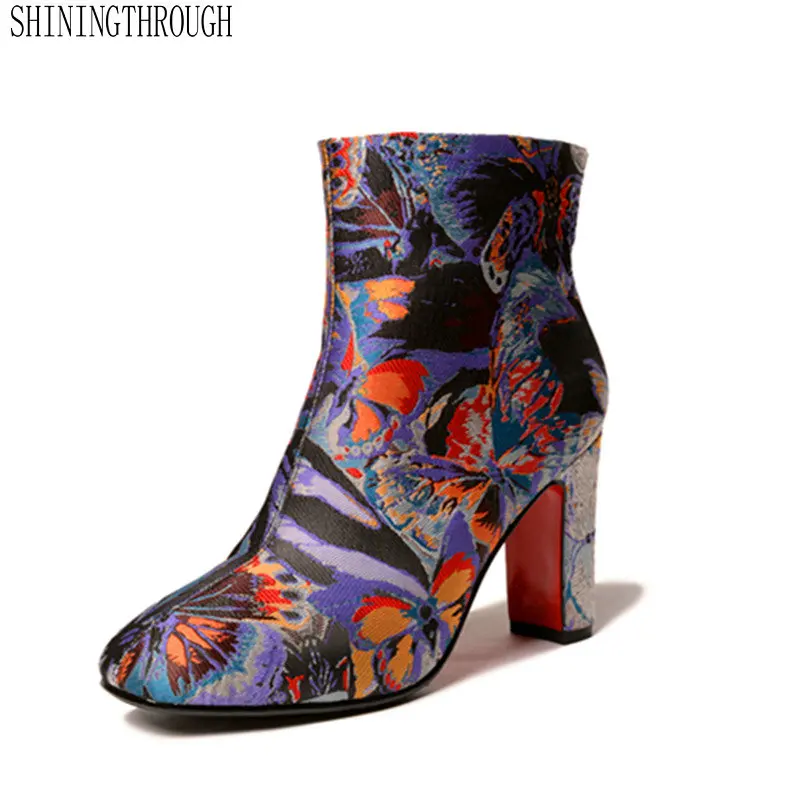 Boots Women Embroider High heels Ankle Shoes Boots Round Toe Flower Shoes Ladies Short Boot large size 33-43