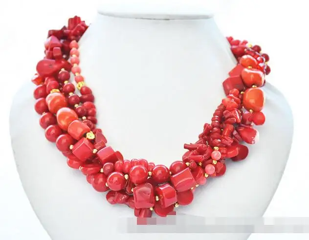 

3321 5Strds red cube & melon seeds & baroque & coin coral crystal necklace