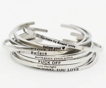 

Custom Silver Stainless Steel Cuff Bracelet Bangle Engraved Positive Inspirational Quote Hand Stamped Bangle
