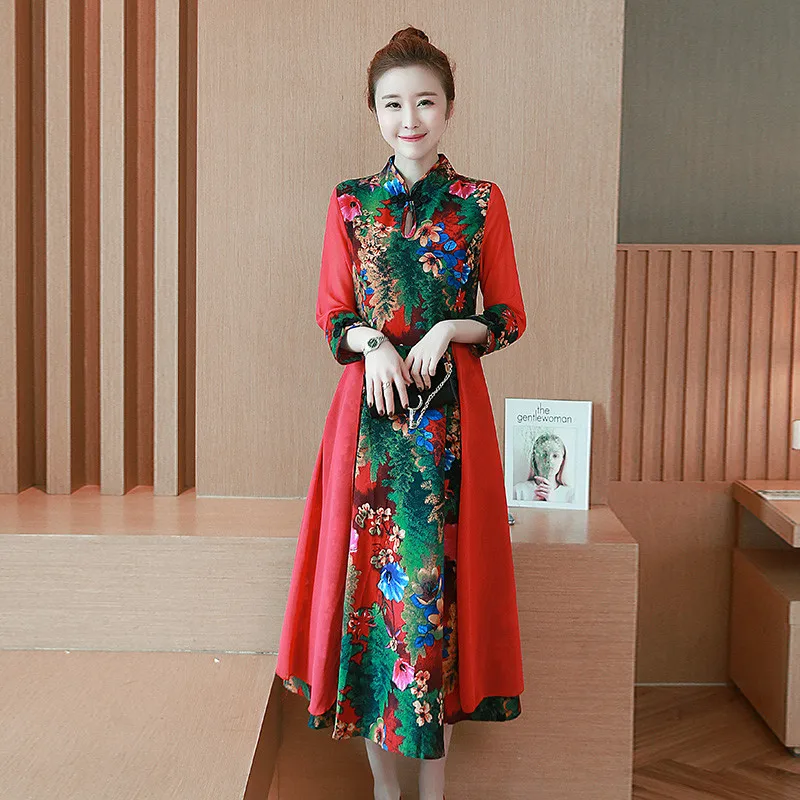 Большие размеры женское платье с принтом в китайском стиле винтажное улучшение Qipao национальный ветер хлопок и лен платья чонсам