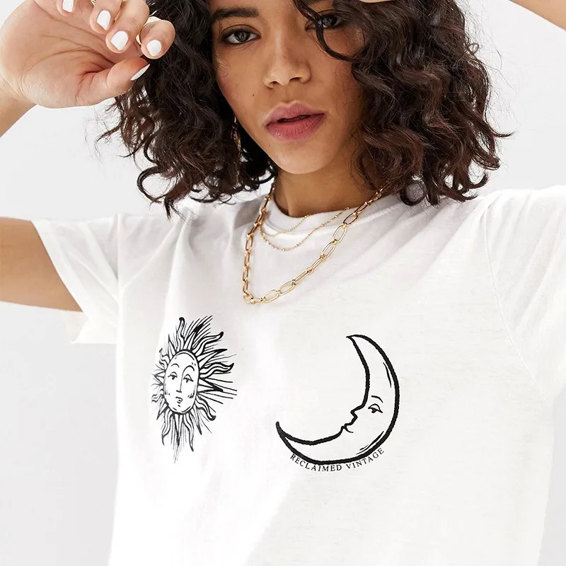 HDY Haoduoyi, футболка в западном стиле, простая, индивидуальная, граффити, луна, солнце, принт, белая, обычная, круглый вырез, короткий рукав