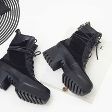 

Genuine Leather Lace Up Women Ankle Boots Round Toe Thick Heel Motorcycle Boots Suede Patchwork Platfrom Booties Women Shoes