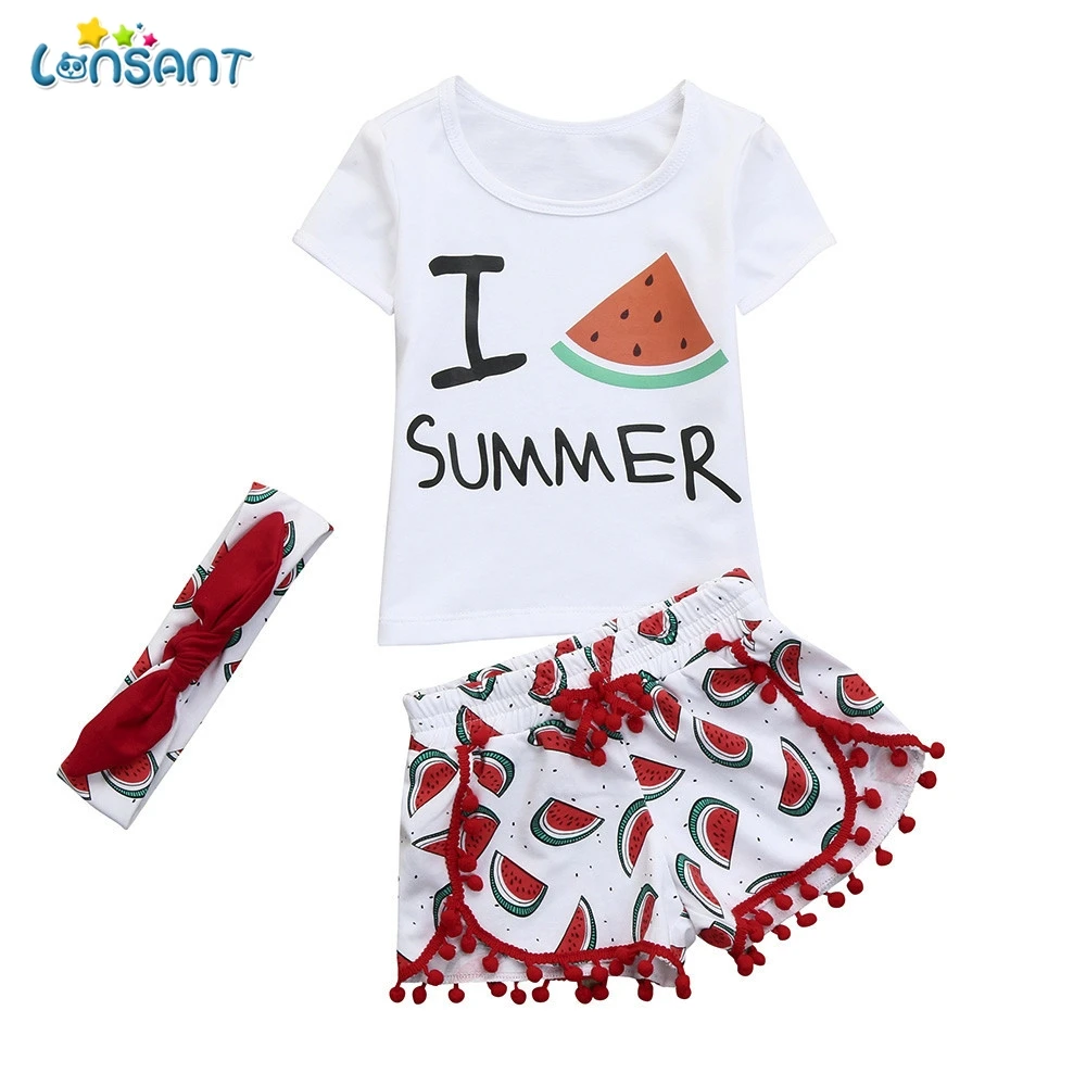 

LONSANT New Hot Selling 3pcs Toddler Infant Baby Girls Fruit White Clothes Set Short Sleeve Tops+Shorts+Headband Outfits