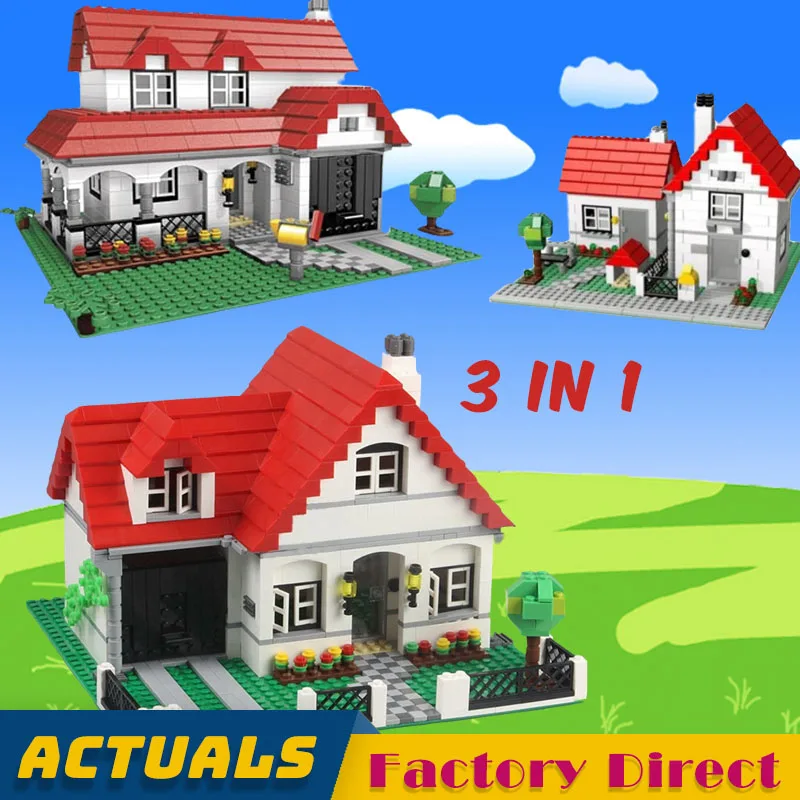 

3 IN 1 American Style House 24027 City Series DIY Castle Red Villa Building Blocks for Children Toys Gift Compatible 4956