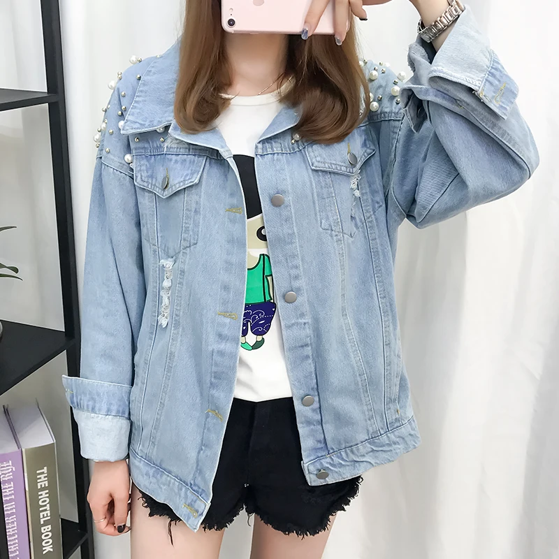 Jacket Women's Loose Coat Spring Frayed Womens Beading Pearls Denim Jackets Boyfriend Large Size Jeans Ripped Female Jackets