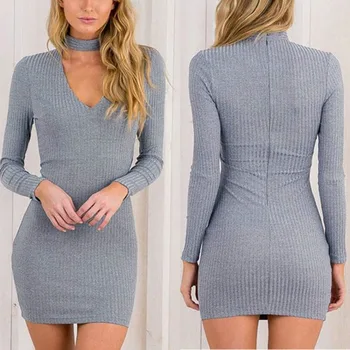 

Sexy V-neck Halter Long Sleeve Cotton Winter Autumn Dress Bodycon Short Dresses