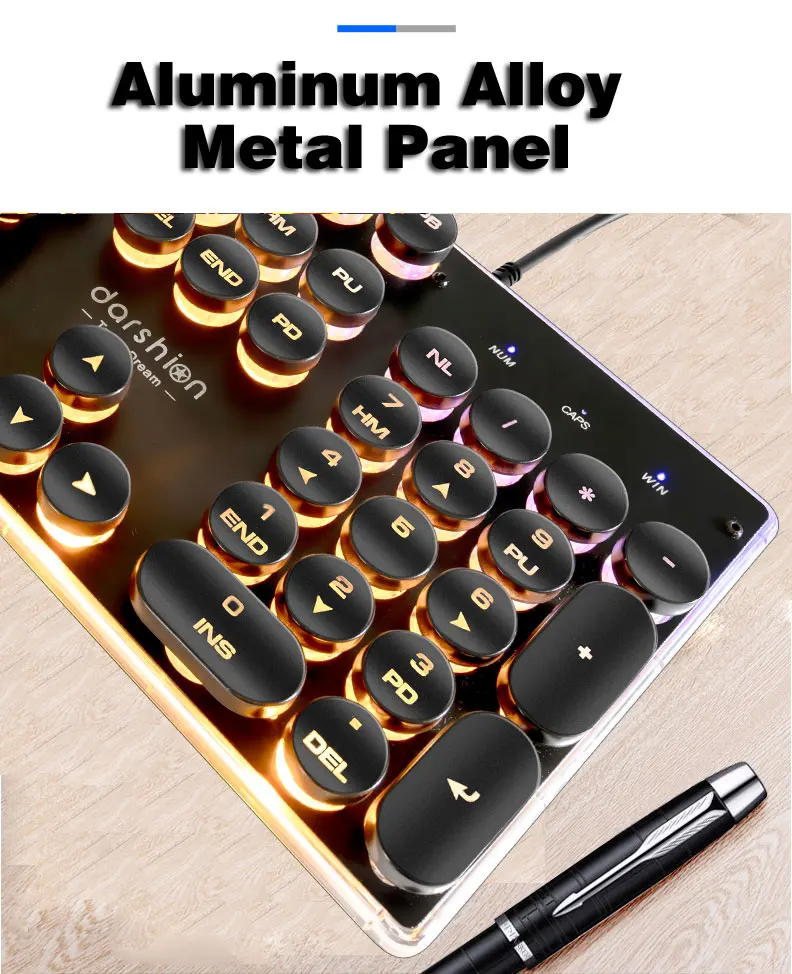 Игровая русская клавиатура Ретро круглая светящаяся Keycap металлическая панель с подсветкой USB Проводная металлическая панель с подсветкой