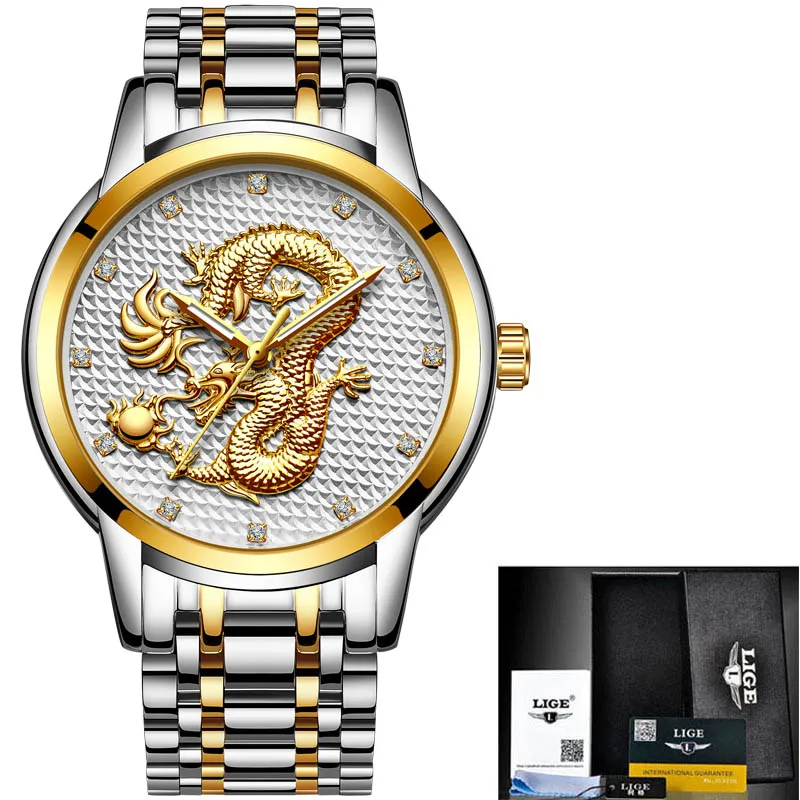 Новинка, Брендовые мужские часы LIGE, модные спортивные военные кварцевые мужские часы из нержавеющей стали, водонепроницаемые золотые часы, мужские часы - Цвет: Steel gold white