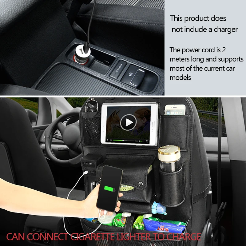 Car Seat Back Bag Organizer on Car 4 USB Charger Storage Pu Leather Travel Multifunction Pocket Stowing Tidying Auto Accessories