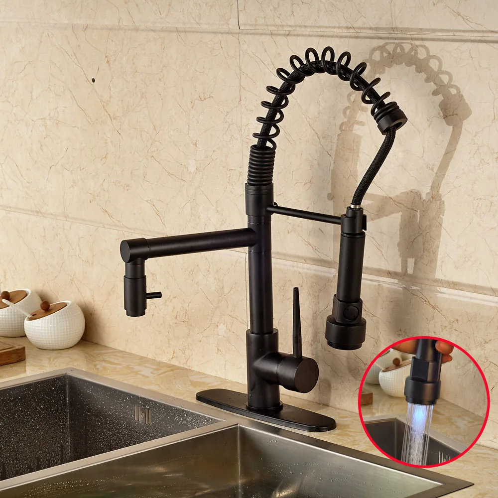 

Deck Mounted Kitchen Sink Faucet Single Handle Mixer Tap with LED Light Oil Rubbed Bronze