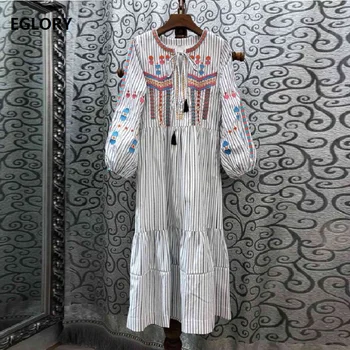 

High Quality Striped Dress 2019 Autumn Casual Fashion Ladies Exquisite Embroidery Lantern Sleeve Mid-Calf Vintage Dress Street